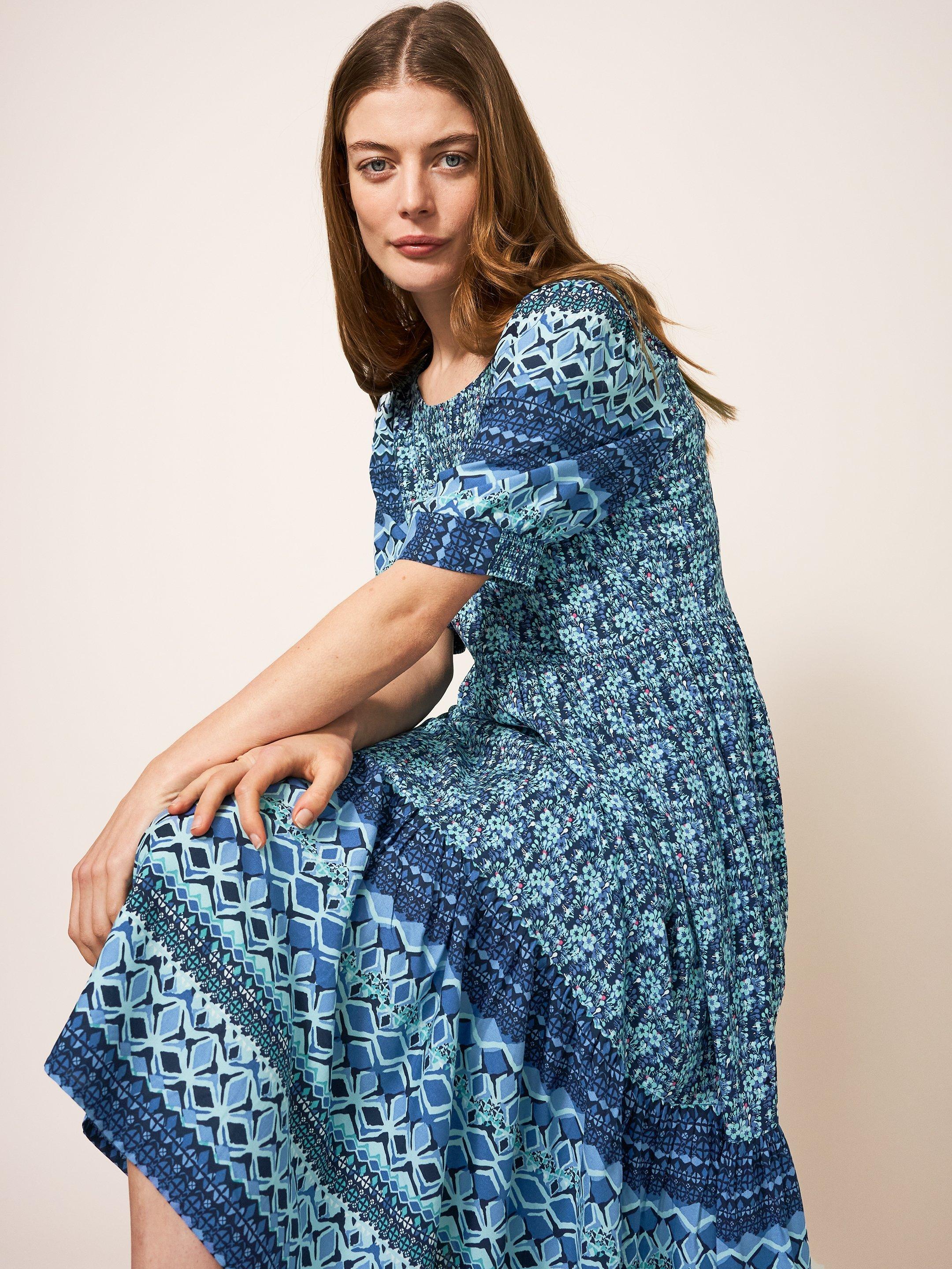 Connie Eco Vero Midi Dress in BLUE MULTI | White Stuff