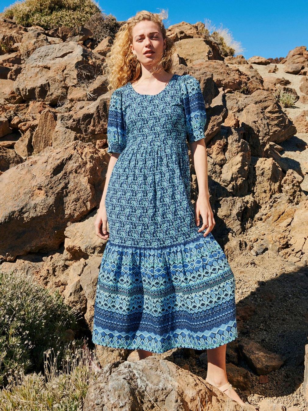 Connie Eco Vero Midi Dress in BLUE MLT - MODEL FRONT