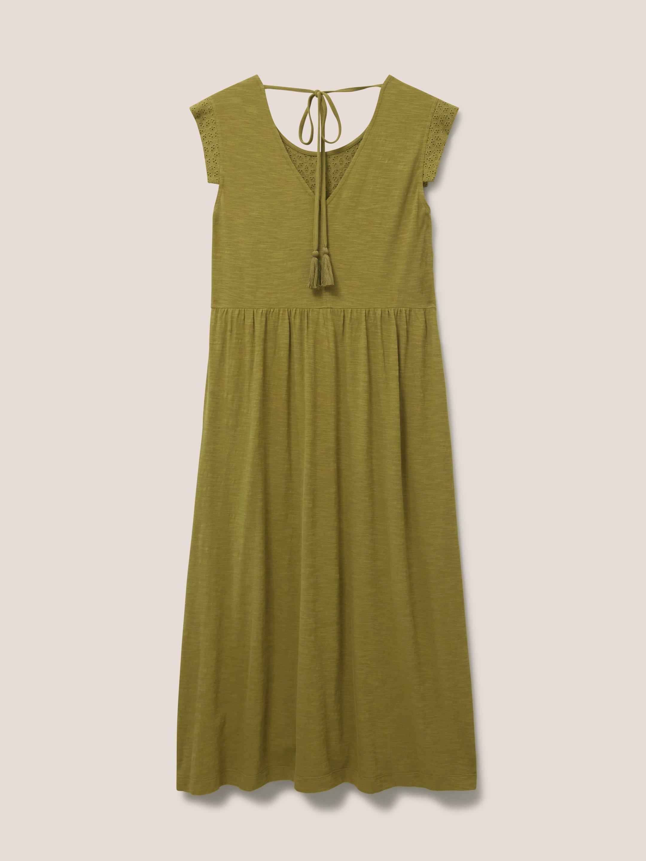 Violet Jersey Broderie Dress in MID GREEN - FLAT BACK