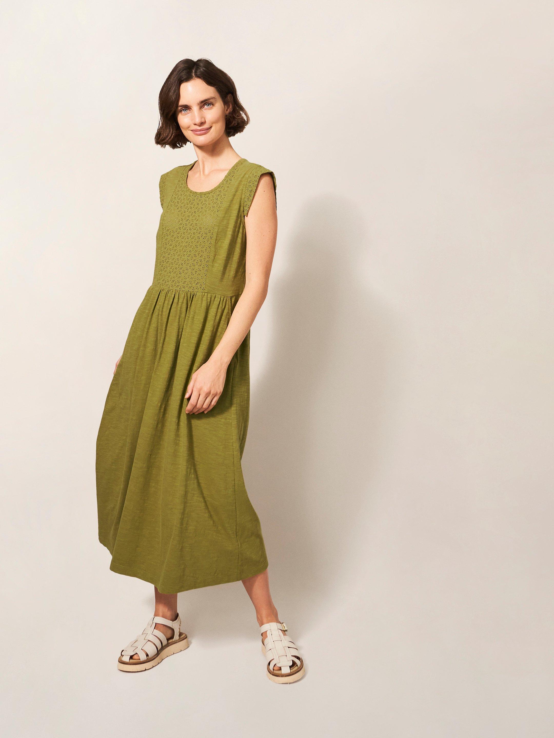 Violet Jersey Broderie Dress in MID GREEN - LIFESTYLE