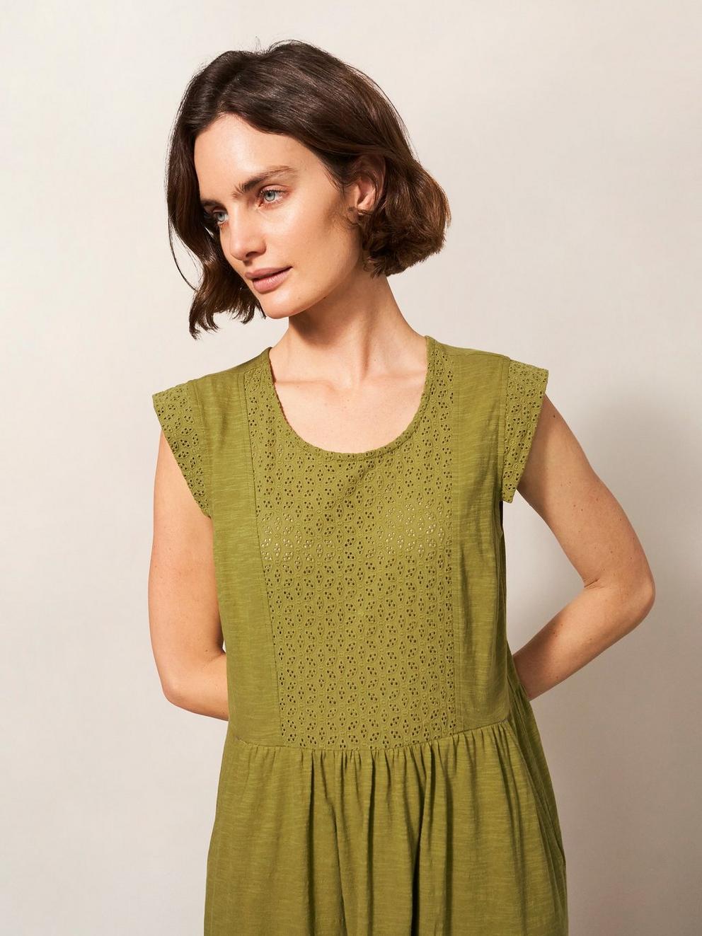 Violet Jersey Broderie Dress in MID GREEN - MODEL DETAIL