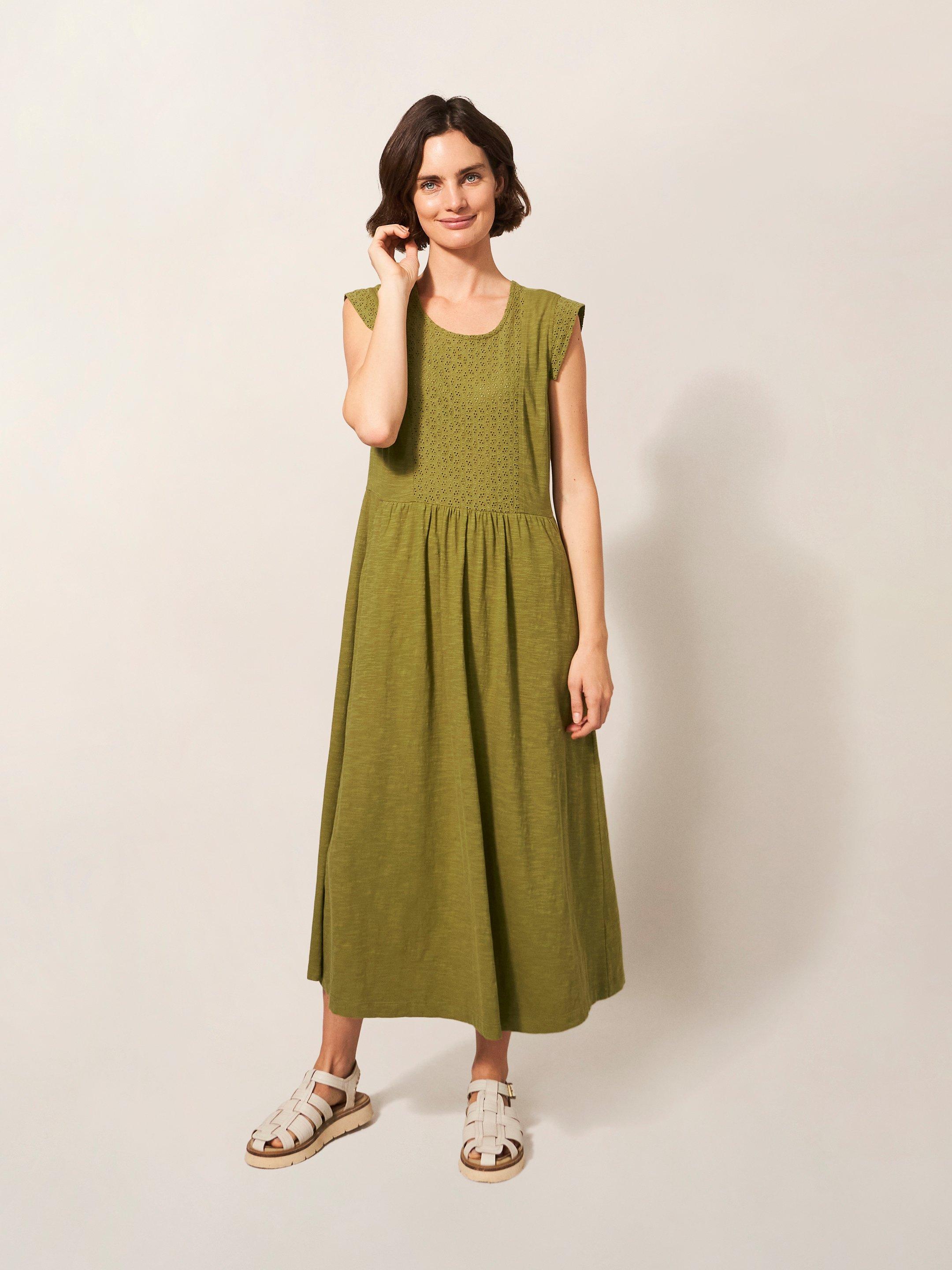 Violet Jersey Broderie Dress in MID GREEN - MODEL FRONT
