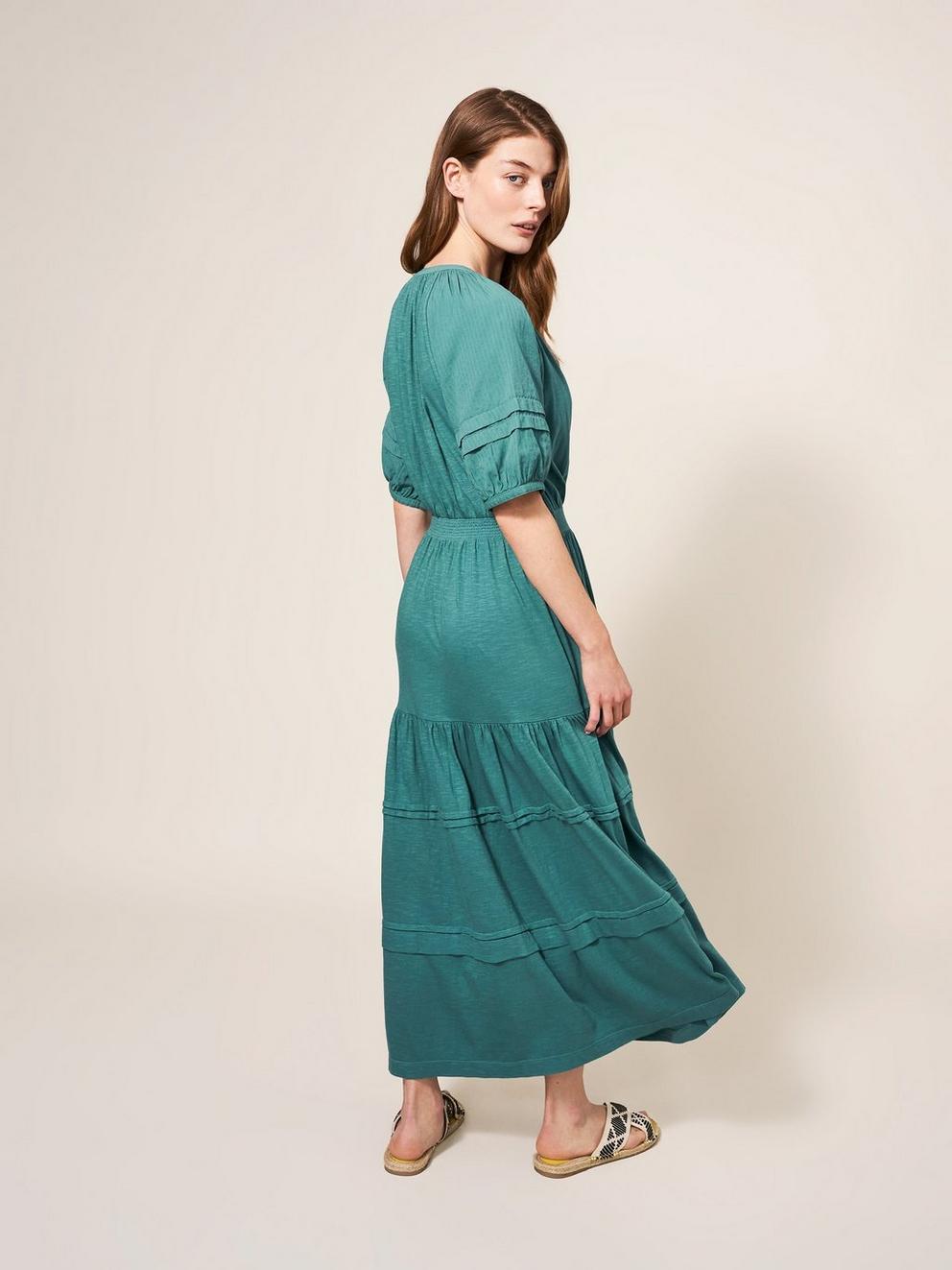 Hallie Jersey Midi Dress in MID TEAL - MODEL BACK