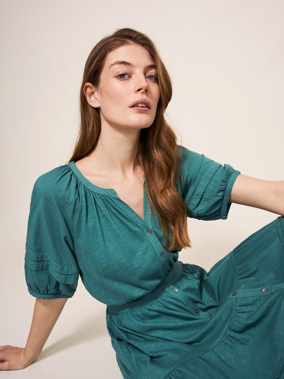 Hallie Jersey Midi Dress in MID TEAL - MODEL DETAIL