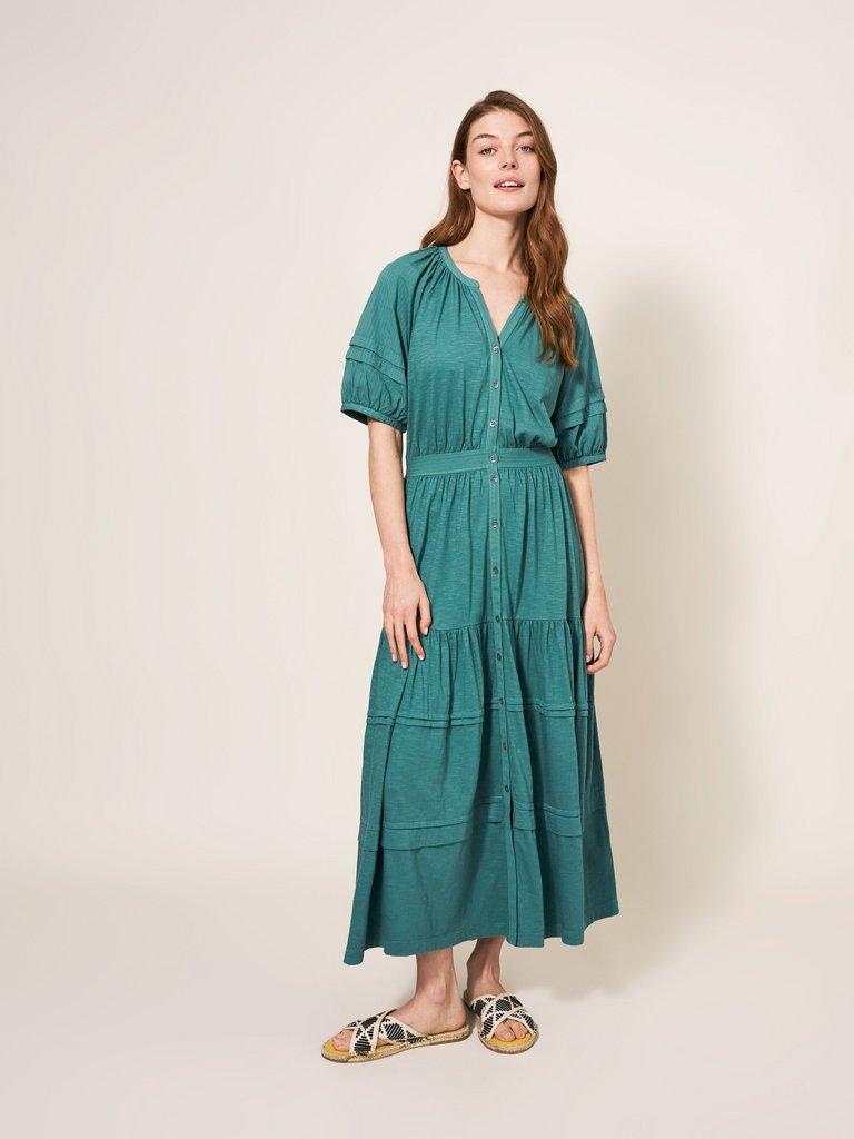 Hallie Jersey Midi Dress in MID TEAL - MODEL FRONT