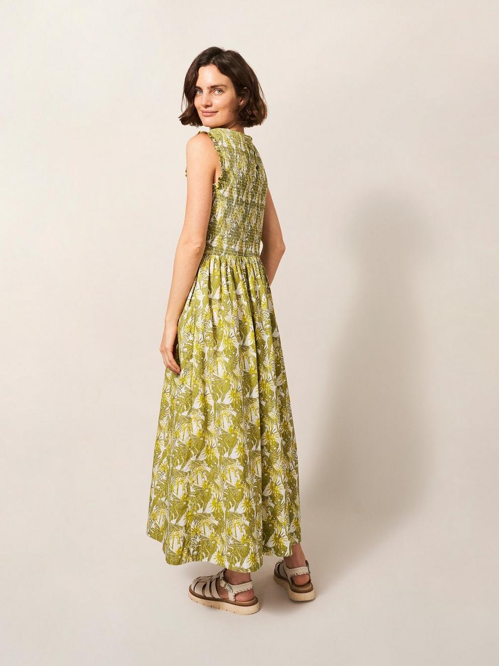 Erika Cotton Midi Dress in GREEN MLT - MODEL BACK