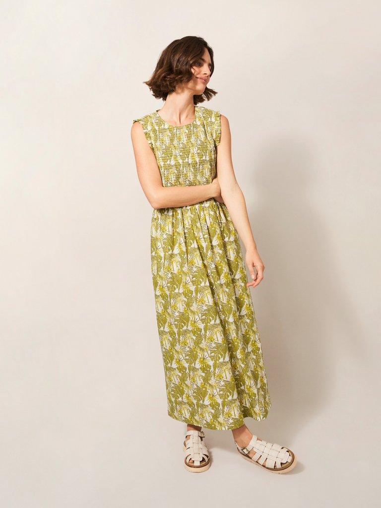 Erika Cotton Midi Dress in GREEN MLT - MODEL FRONT