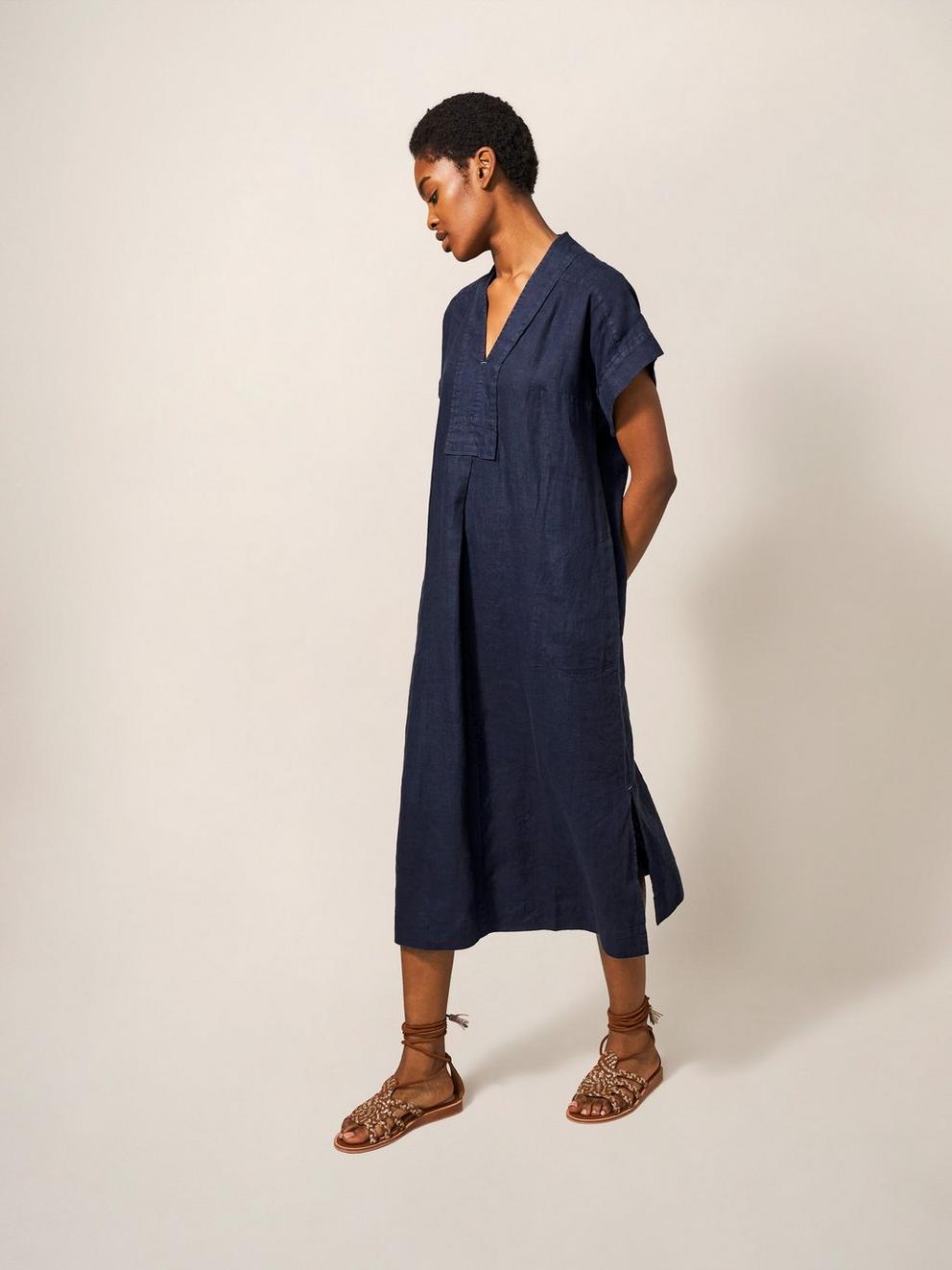 Marianne Linen Dress in DARK NAVY - MODEL FRONT
