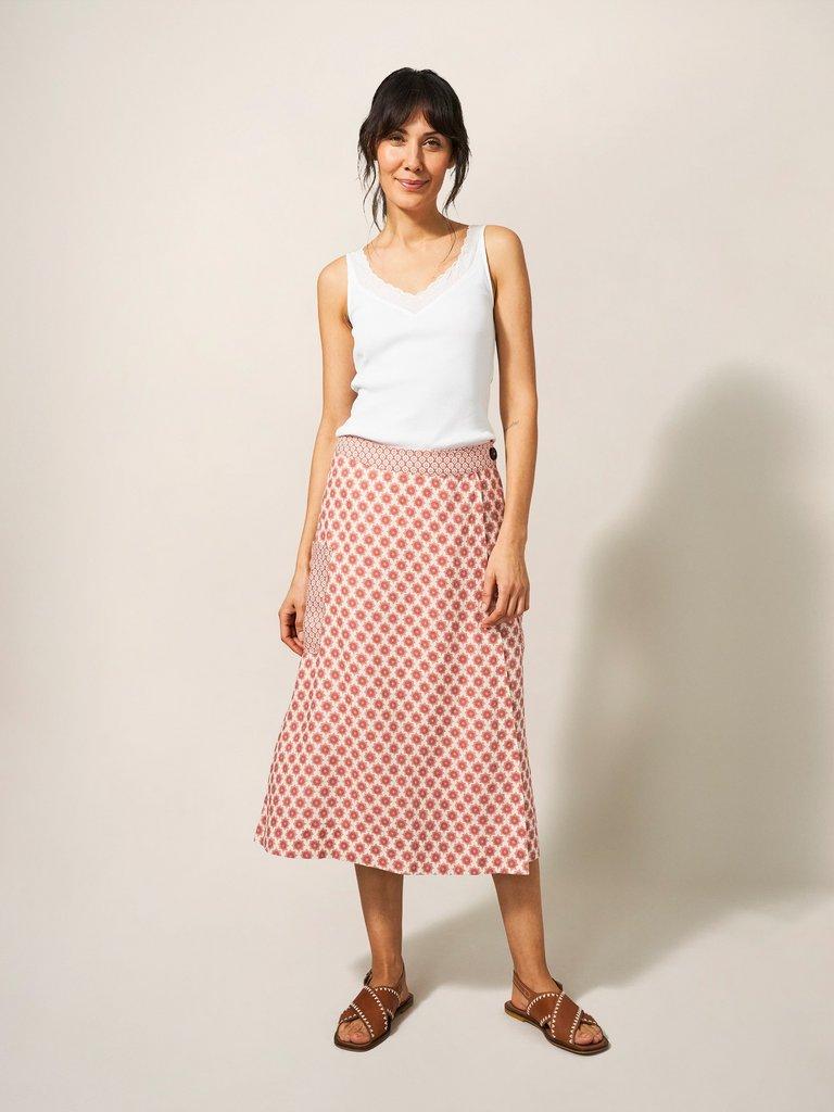 Wilma Linen Wrap Skirt in RED MLT - MODEL FRONT