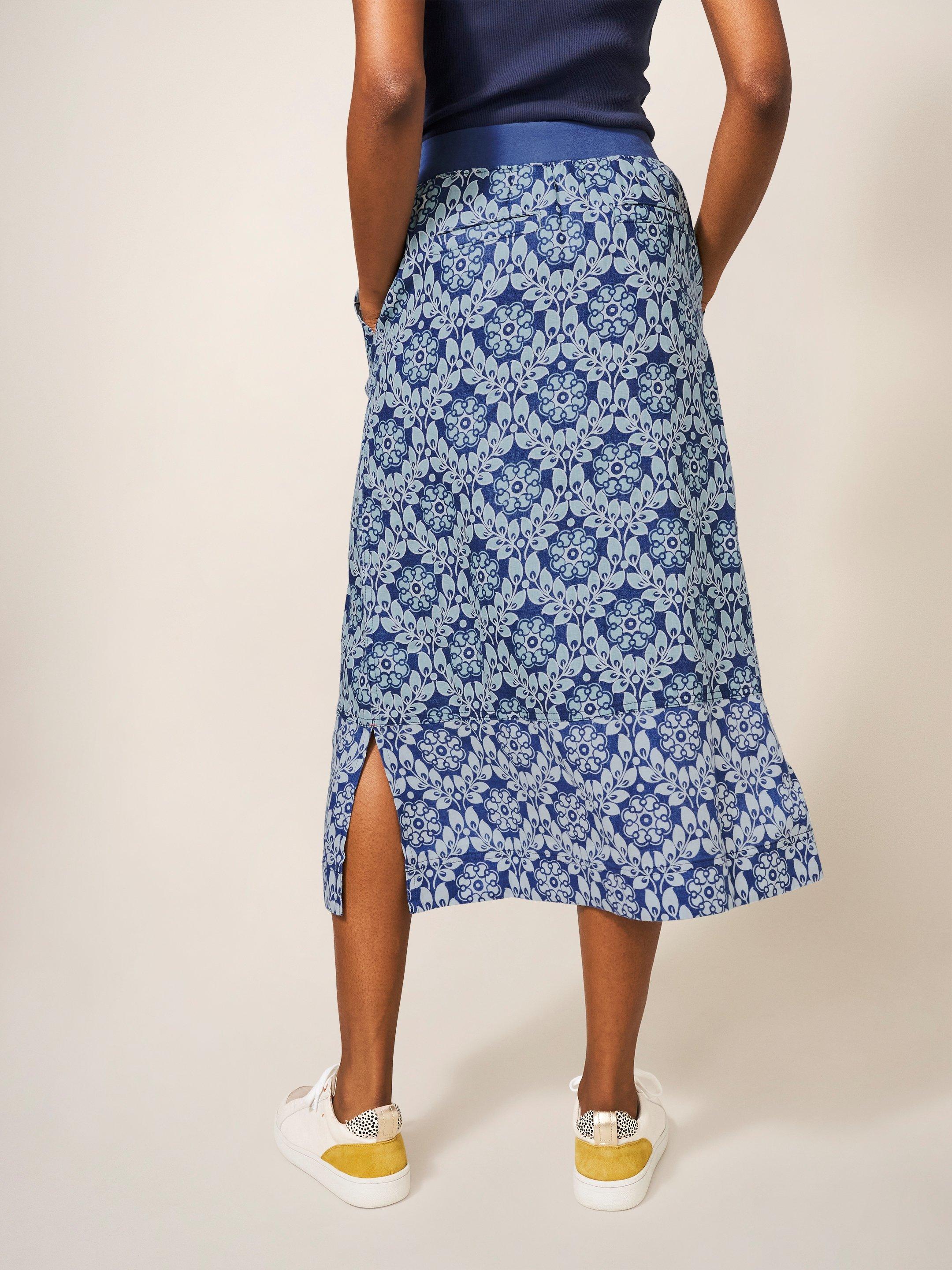 Effie Linen Skirt in BLUE MLT - MODEL BACK