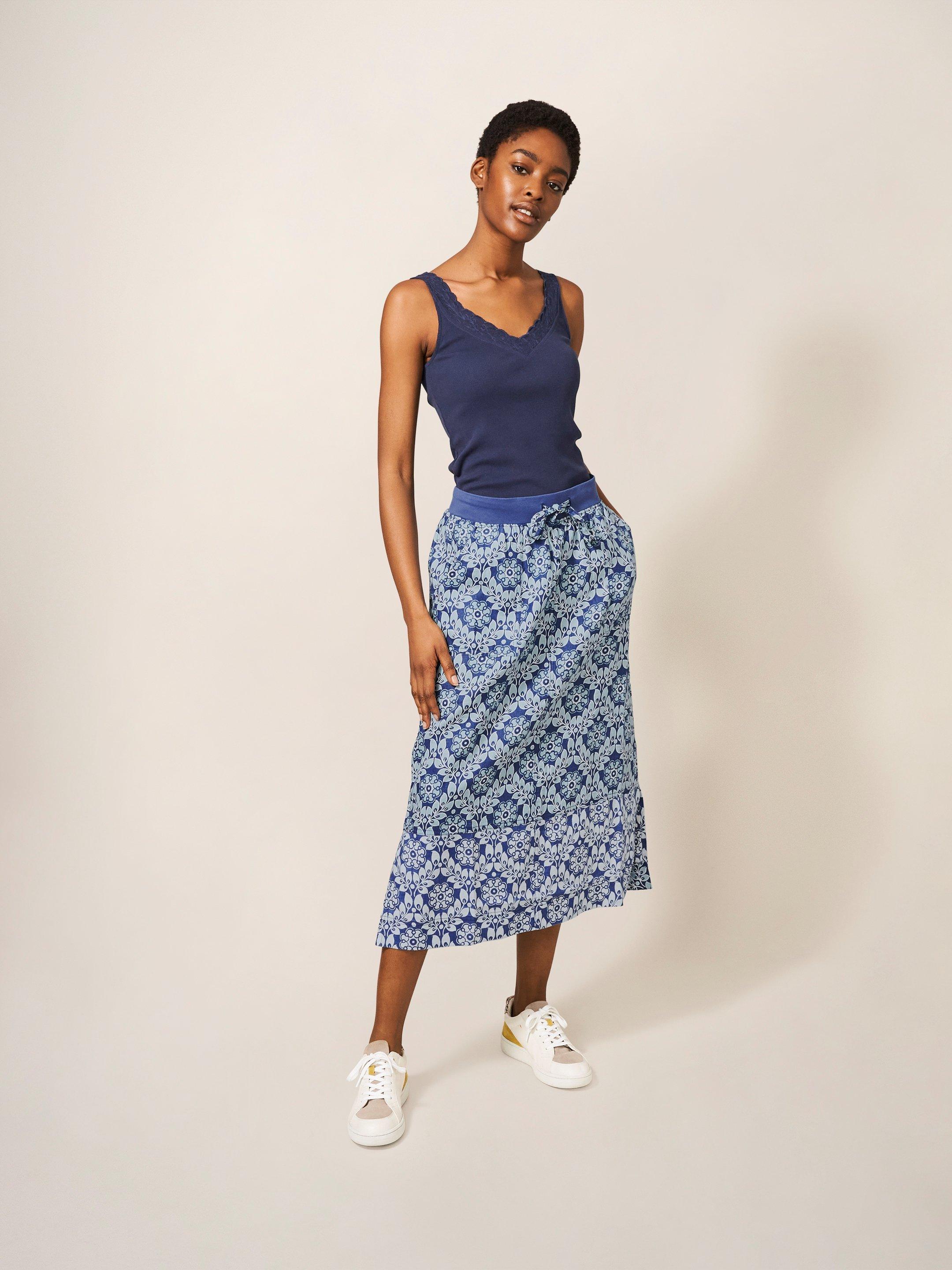 Effie Linen Skirt in BLUE MLT - MODEL FRONT