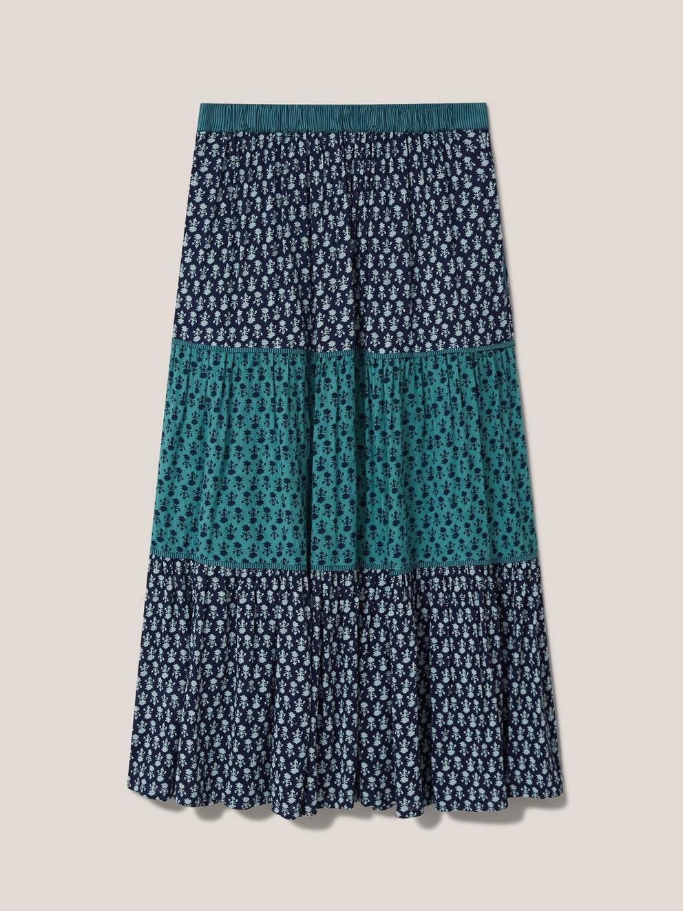 Mabel Midi Mixed Print Midi Skirt in NAVY MULTI - FLAT BACK