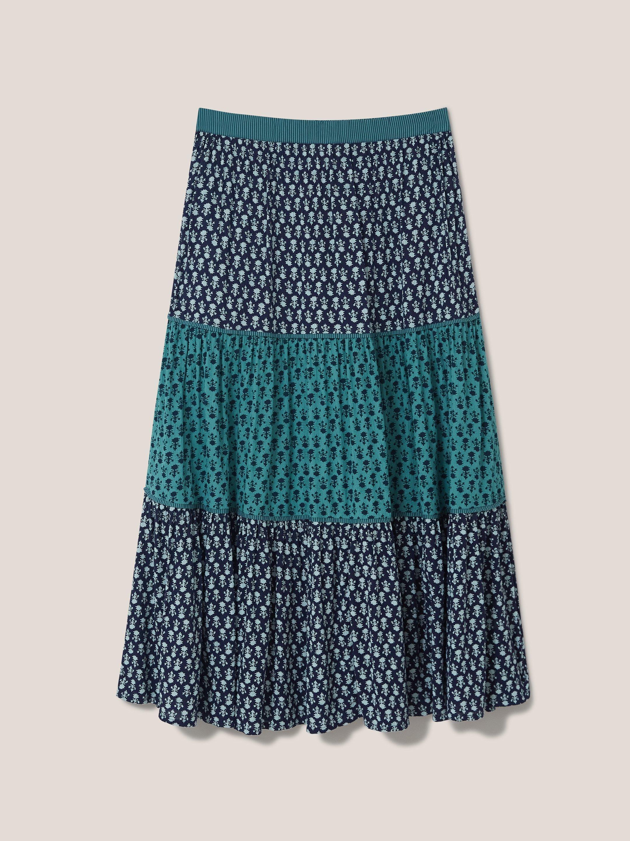 Mabel Mixed Print Midi Skirt in NAVY MULTI - FLAT FRONT