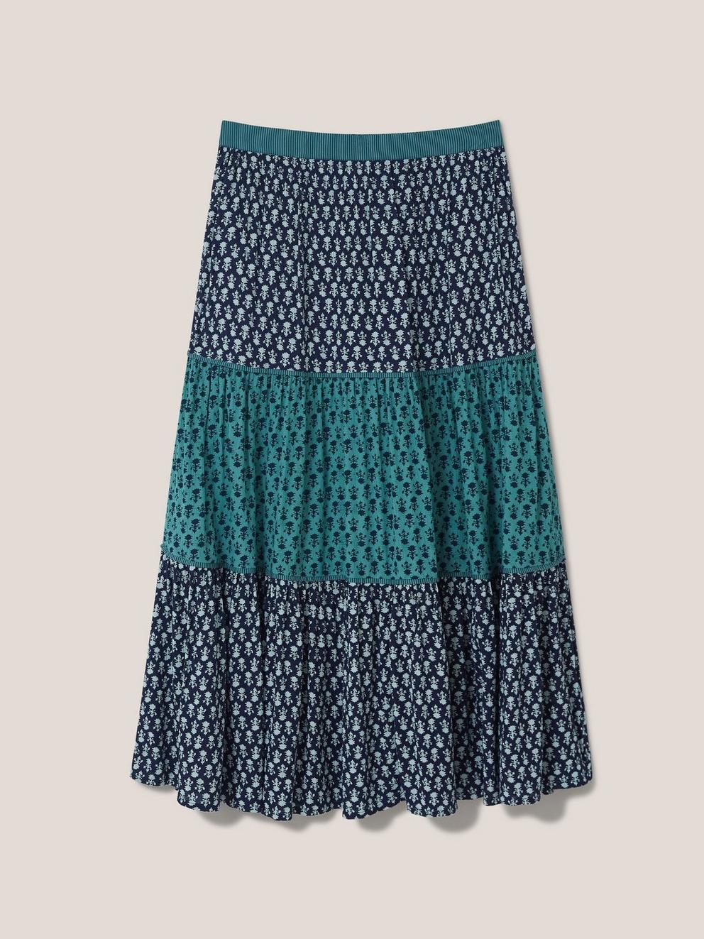 Mabel Midi Mixed Print Midi Skirt in NAVY MULTI - FLAT FRONT