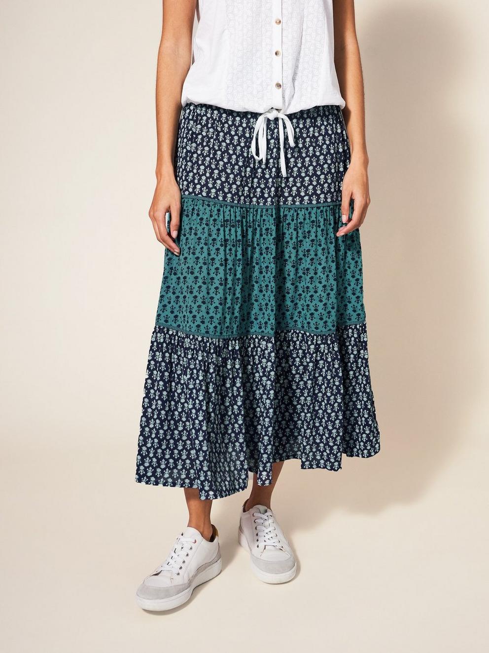 Mabel Midi Mixed Print Midi Skirt in NAVY MULTI - LIFESTYLE