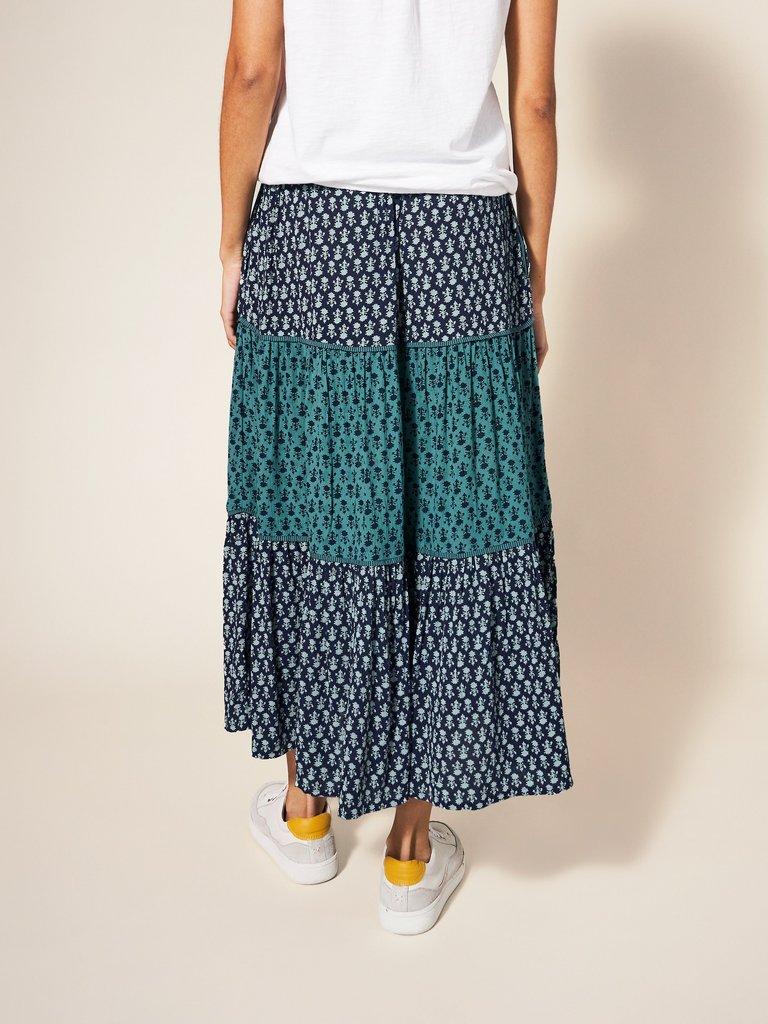 Mabel Mixed Print Midi Skirt in NAVY MULTI - MODEL BACK