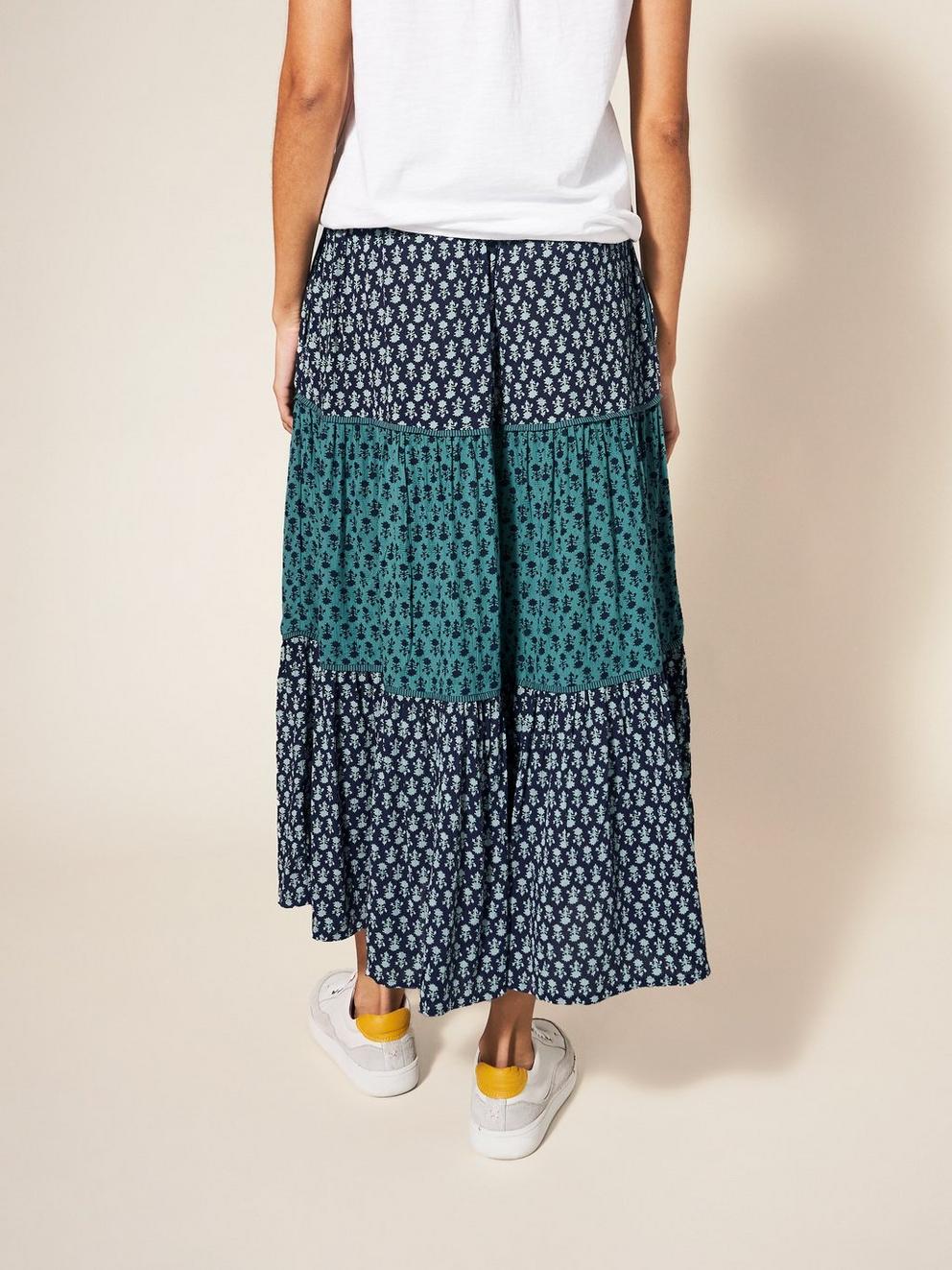 Mabel Midi Mixed Print Midi Skirt in NAVY MULTI - MODEL BACK