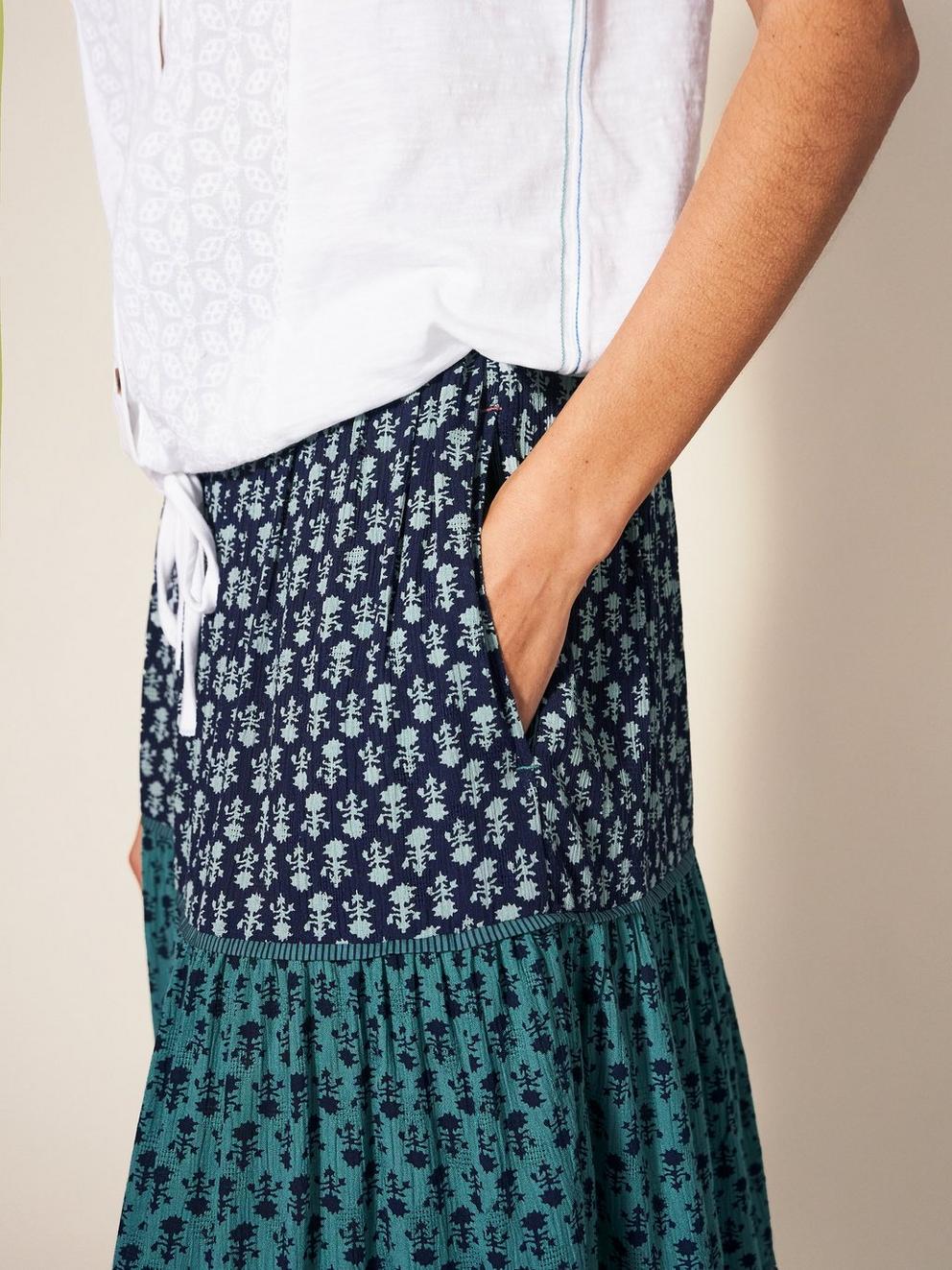 Mabel Midi Mixed Print Midi Skirt in NAVY MULTI - MODEL DETAIL