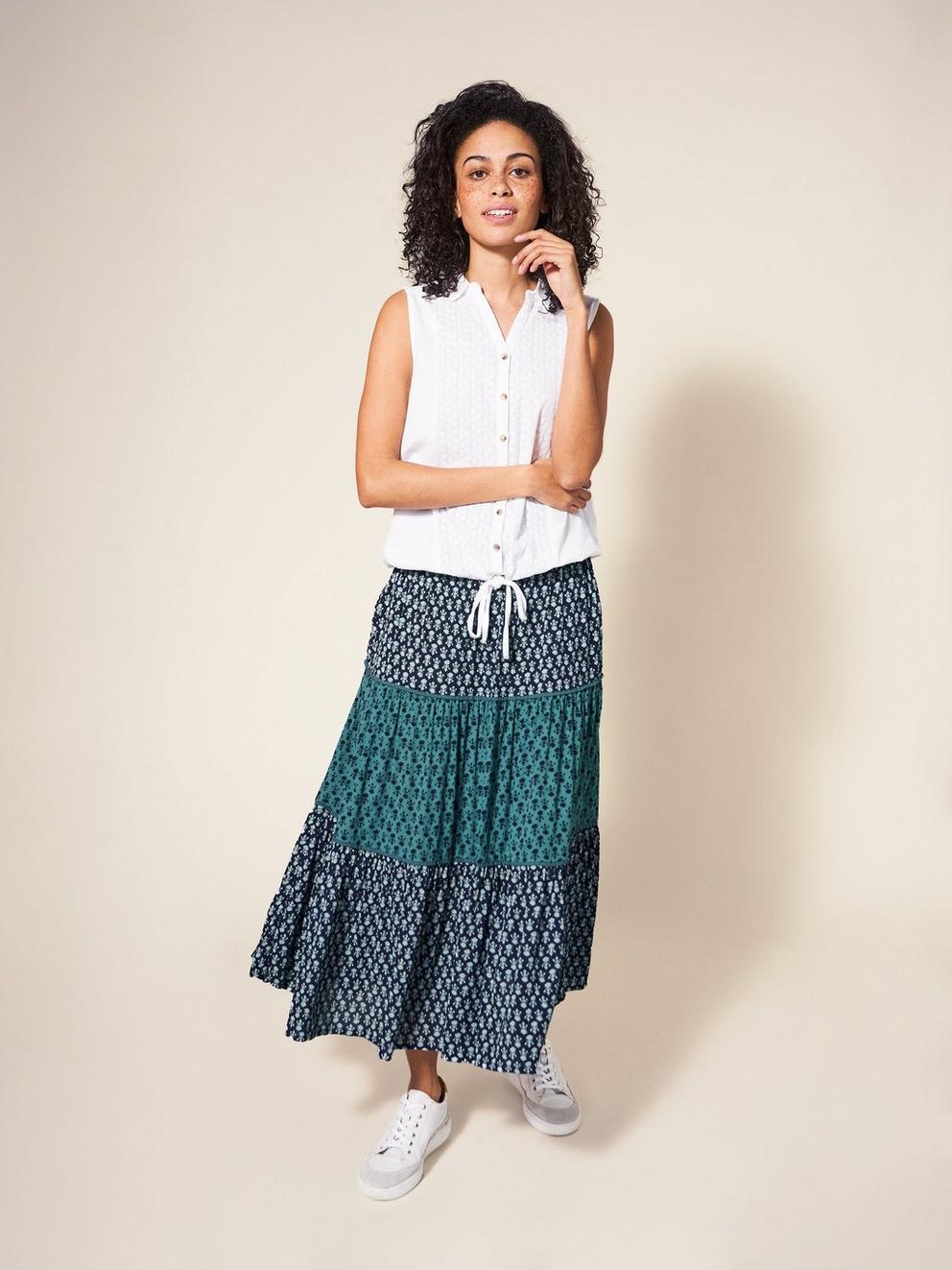 Mabel Midi Mixed Print Midi Skirt in NAVY MULTI - MODEL FRONT