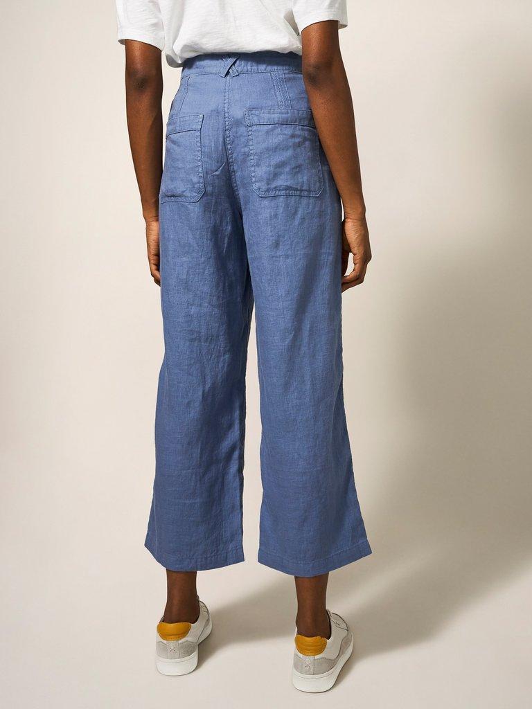 Harper Linen Trouser in MID BLUE - MODEL BACK
