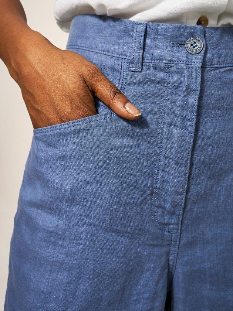 Harper Linen Trouser in MID BLUE - MODEL DETAIL