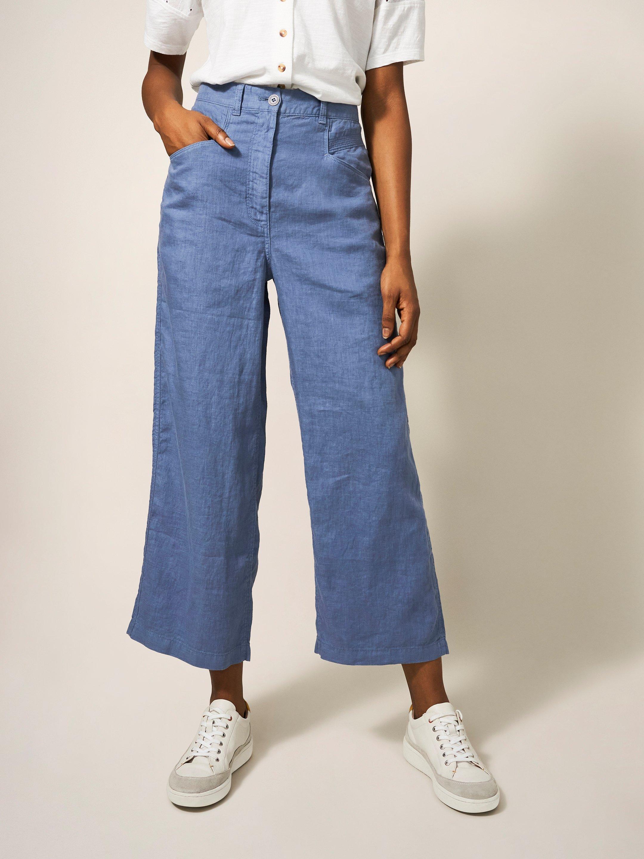 Harper Linen Trouser in MID BLUE - MODEL FRONT