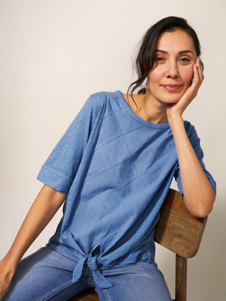 TIE HEM TOP in MID BLUE - LIFESTYLE