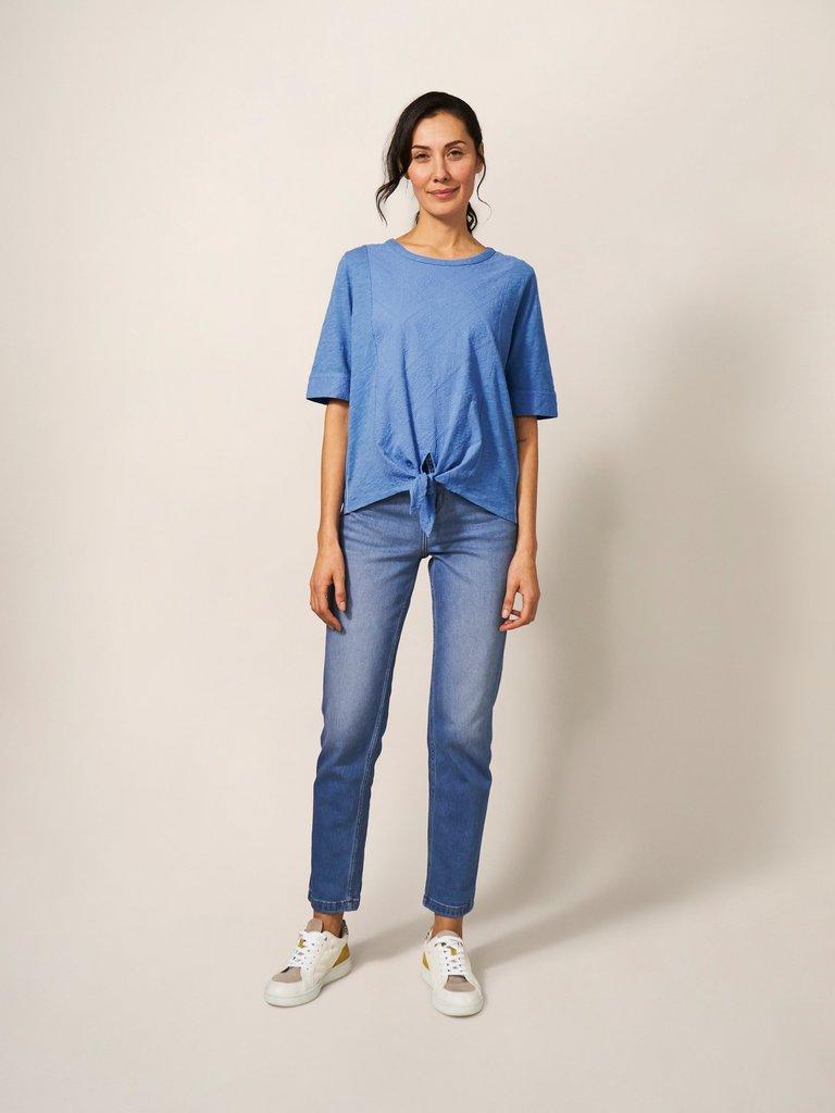 TIE HEM TOP in MID BLUE - MODEL FRONT