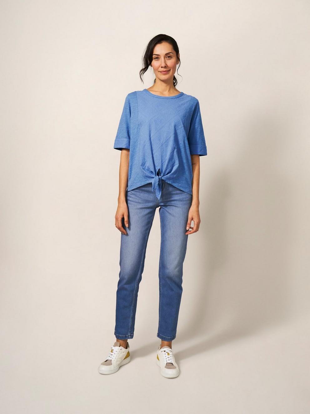 TIE HEM TOP in MID BLUE - MODEL FRONT