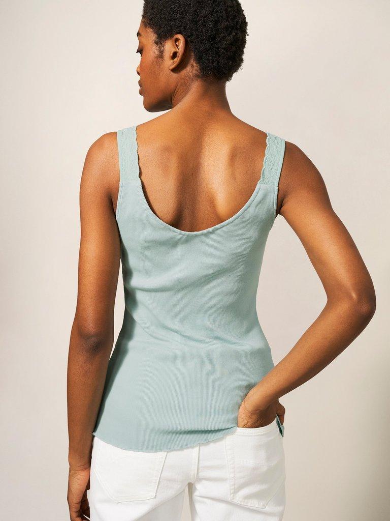 SEABREEZE VEST V NECK in LGT TEAL - MODEL BACK