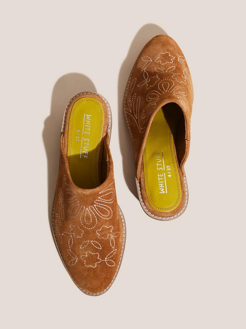 Suede Embroidered Mule in MID TAN - FLAT BACK