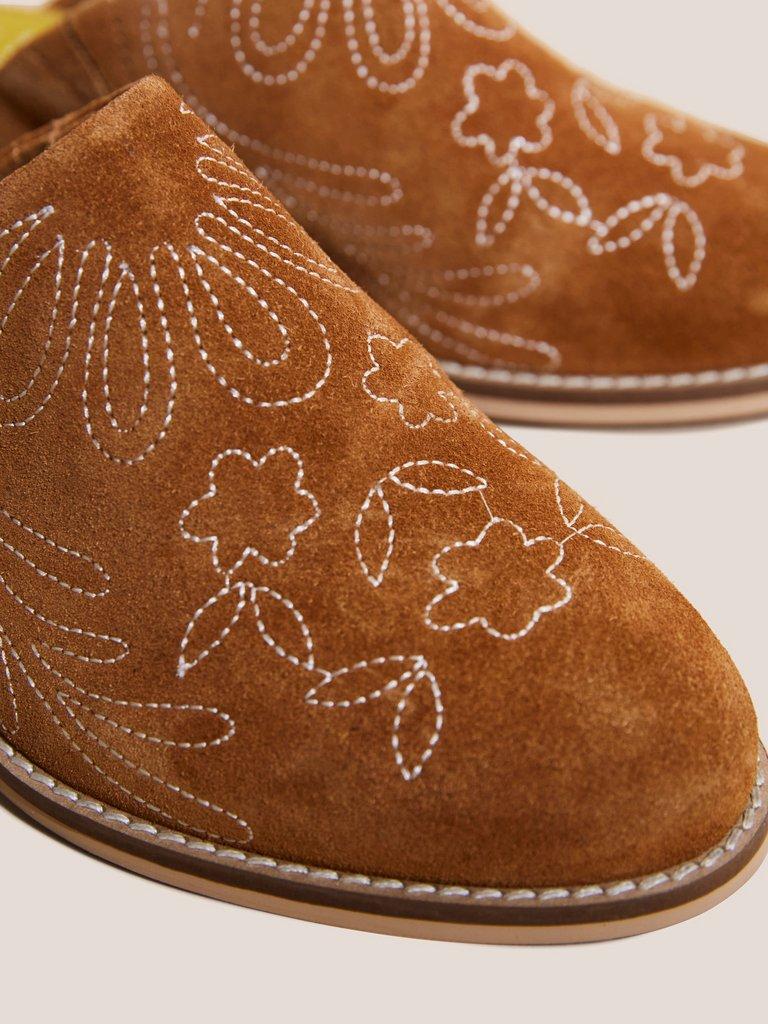 Suede Embroidered Mule in MID TAN - FLAT DETAIL