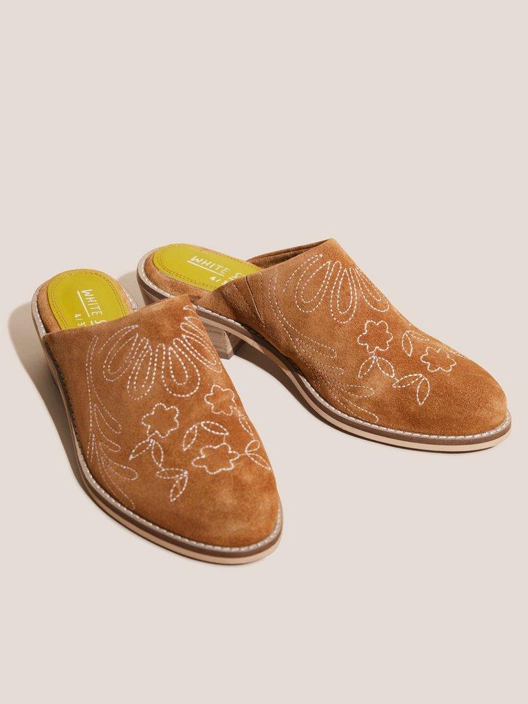 Suede Embroidered Mule in MID TAN - FLAT FRONT