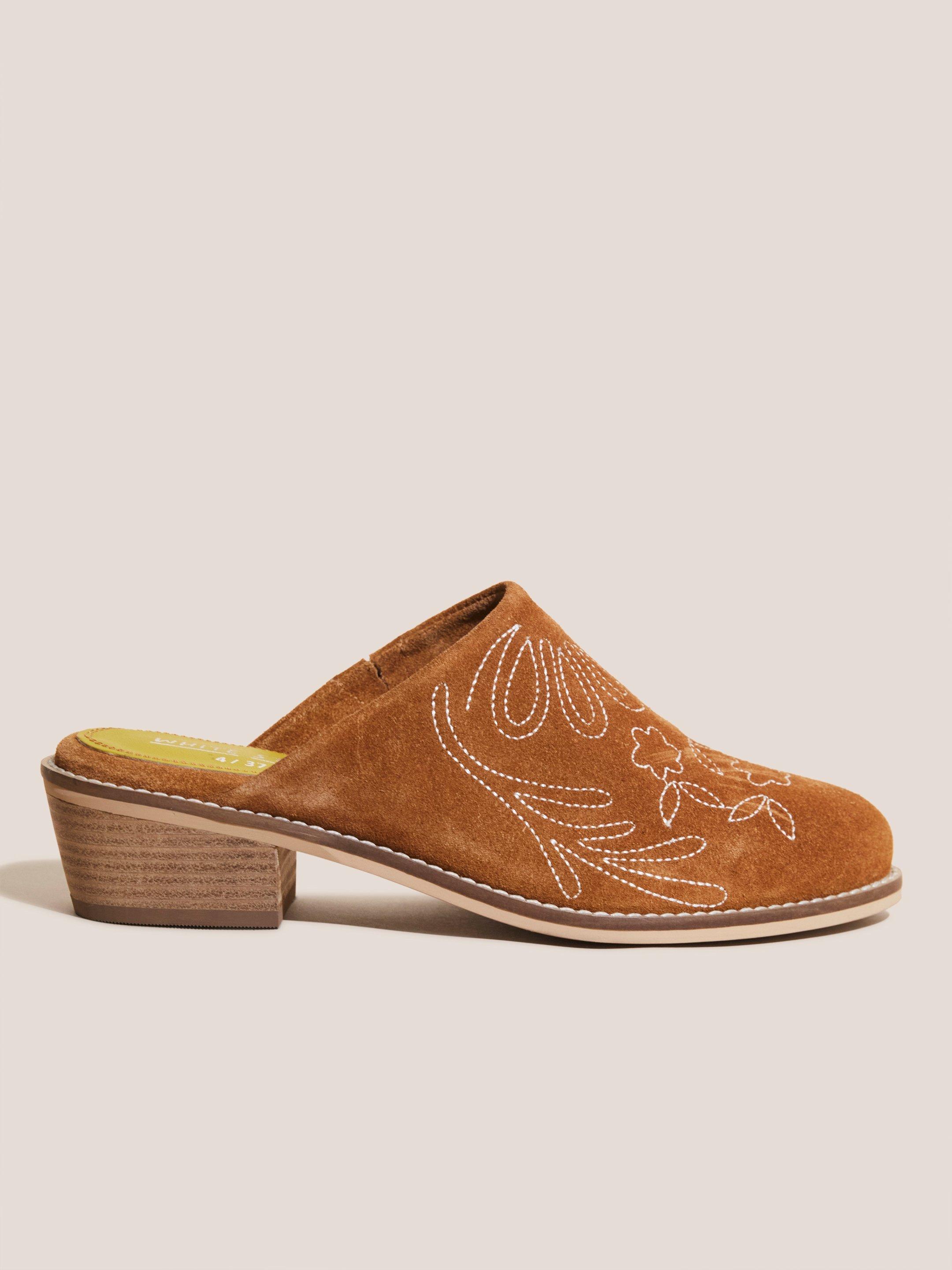 Suede Embroidered Mule in MID TAN - MODEL FRONT