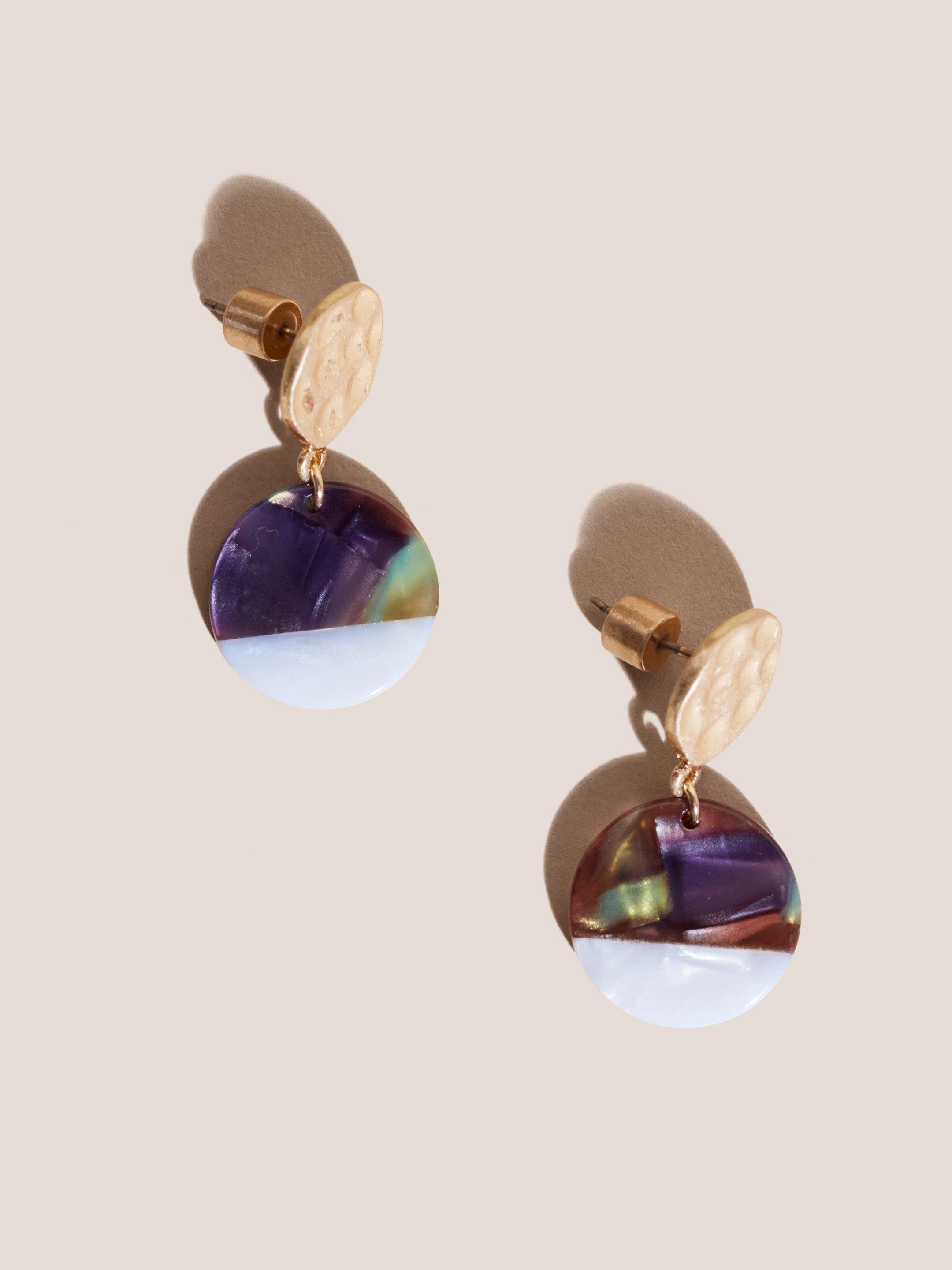 Hammered Disc Drop Earrings in GREEN MLT - MODEL FRONT