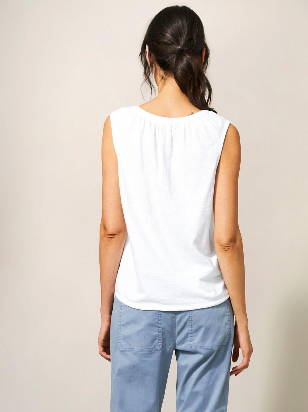 SUNRISE EMBROIDERED VEST in BRIL WHITE - MODEL BACK