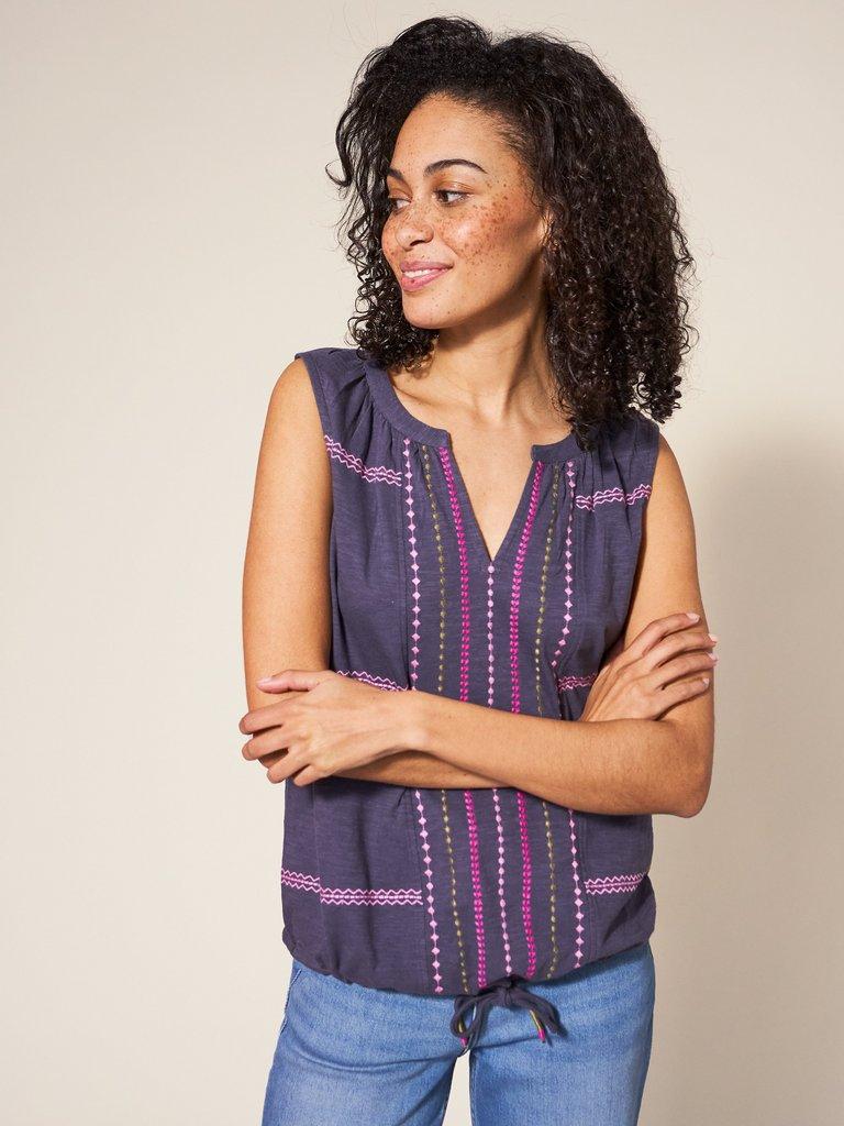 SUNRISE EMBROIDERED VEST in PURPLE MLT - MODEL FRONT