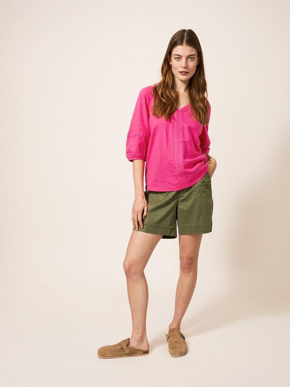 PHOEBE JERSEY MIX TOP in BRT PINK - MODEL FRONT