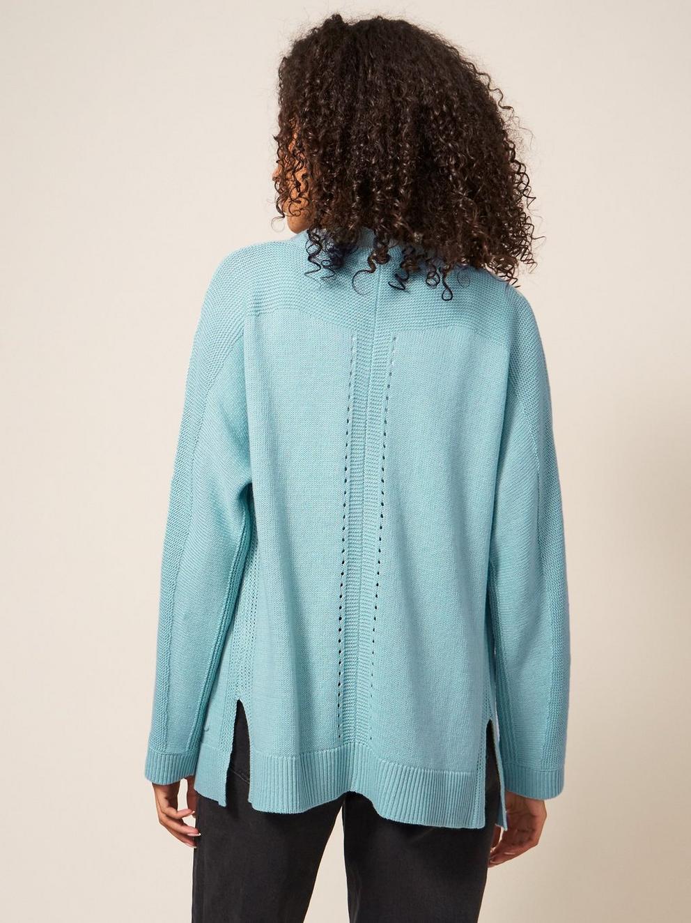 Tiana Open Neck Cardi in LGT TEAL - MODEL BACK