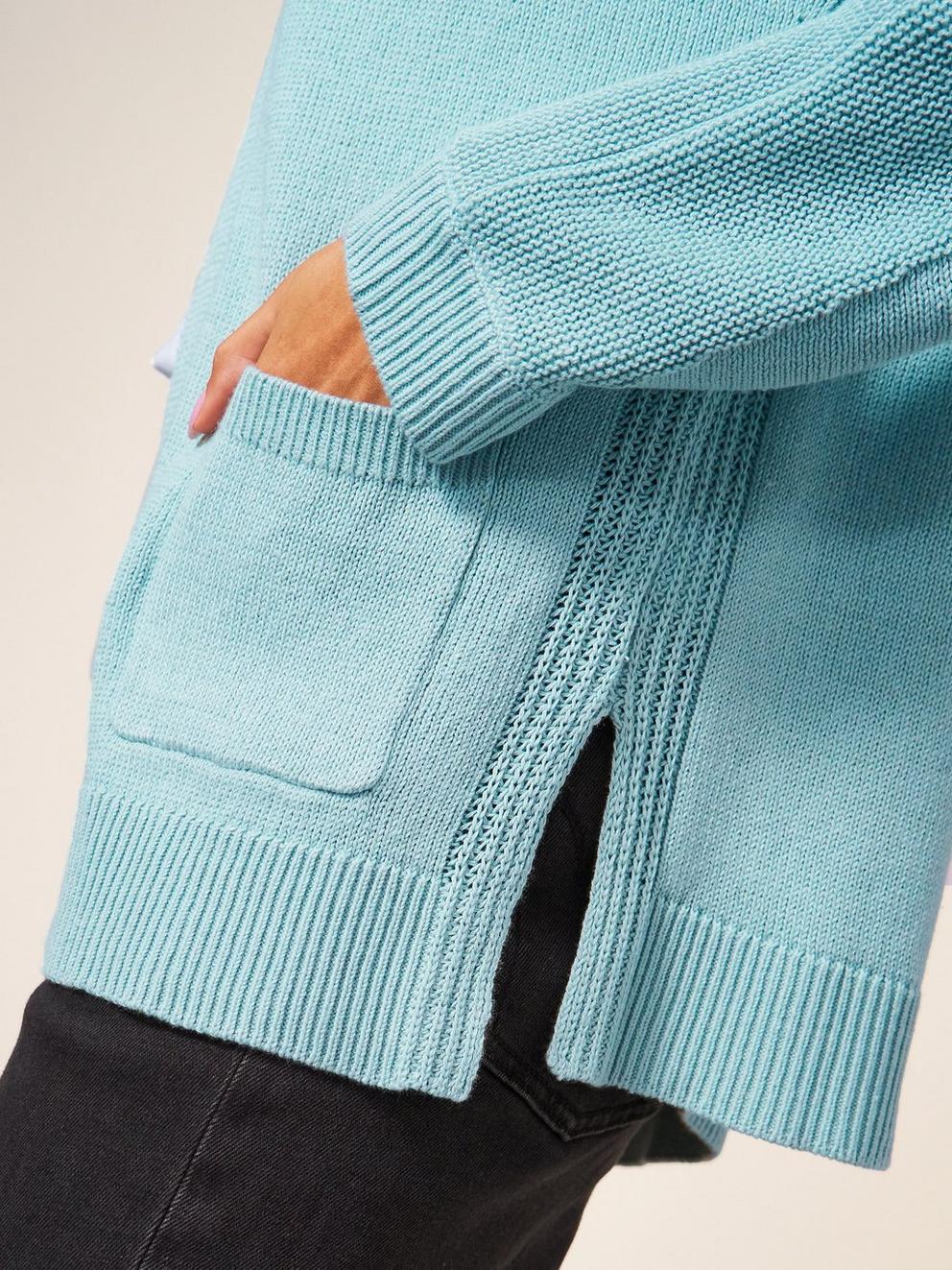 Tiana Open Neck Cardi in LGT TEAL - MODEL DETAIL