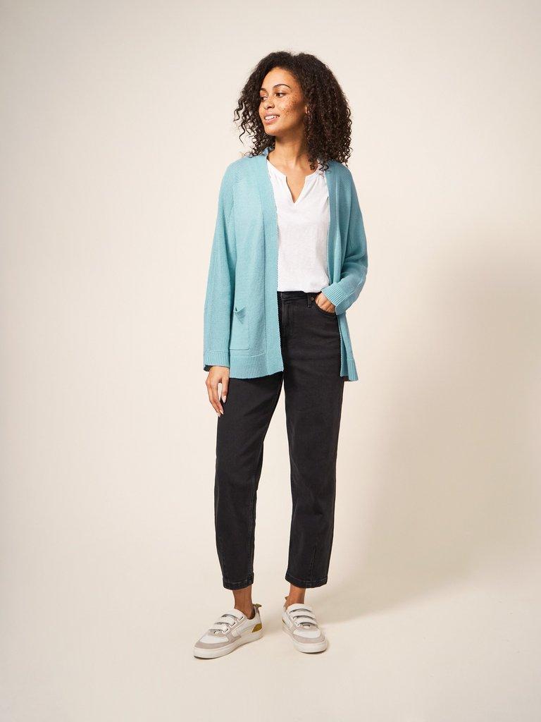 Tiana Open Neck Cardi in LGT TEAL - MODEL FRONT