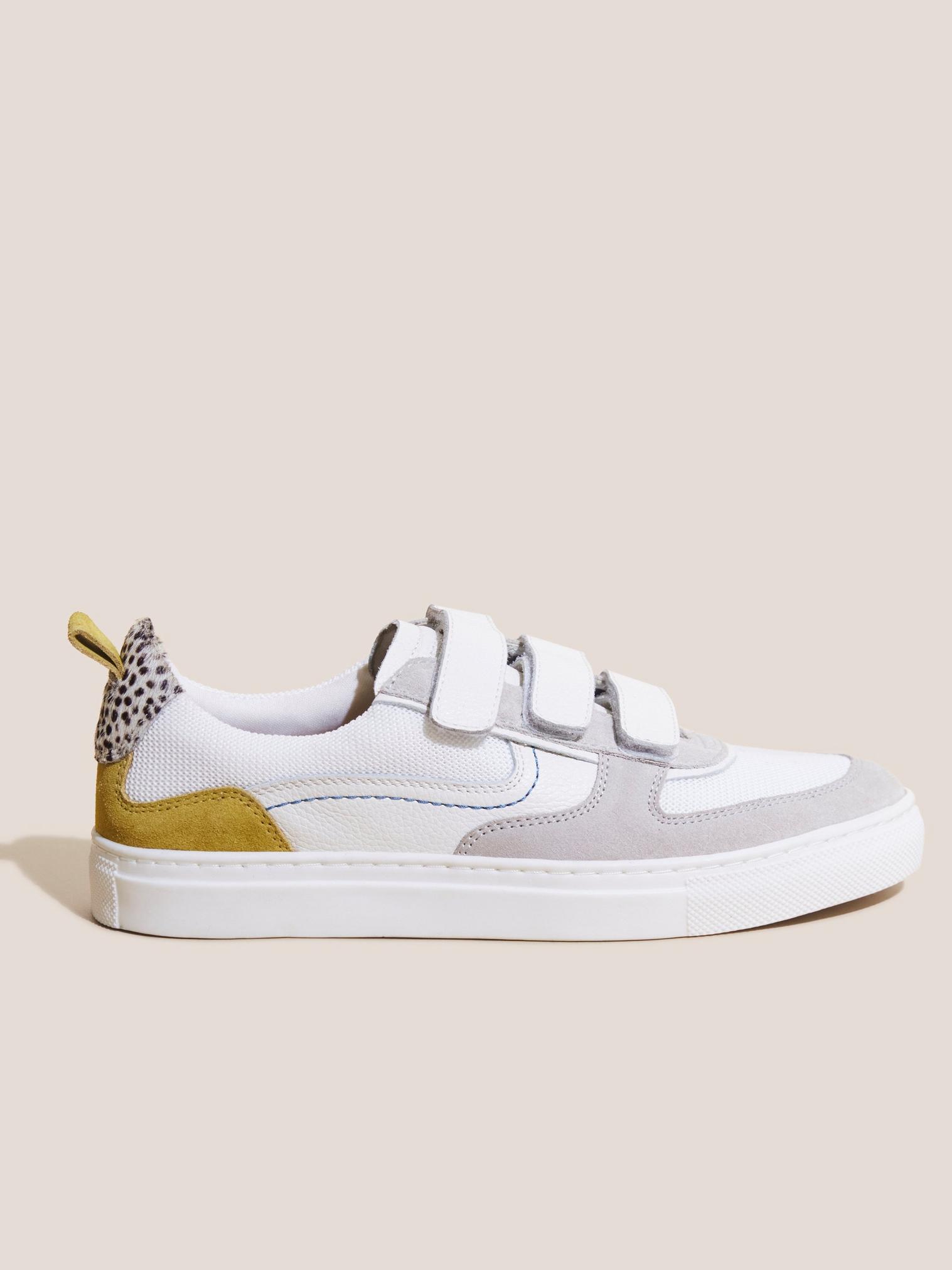 Tabitha Velcro Leather Trainer in WHITE MLT - MODEL FRONT