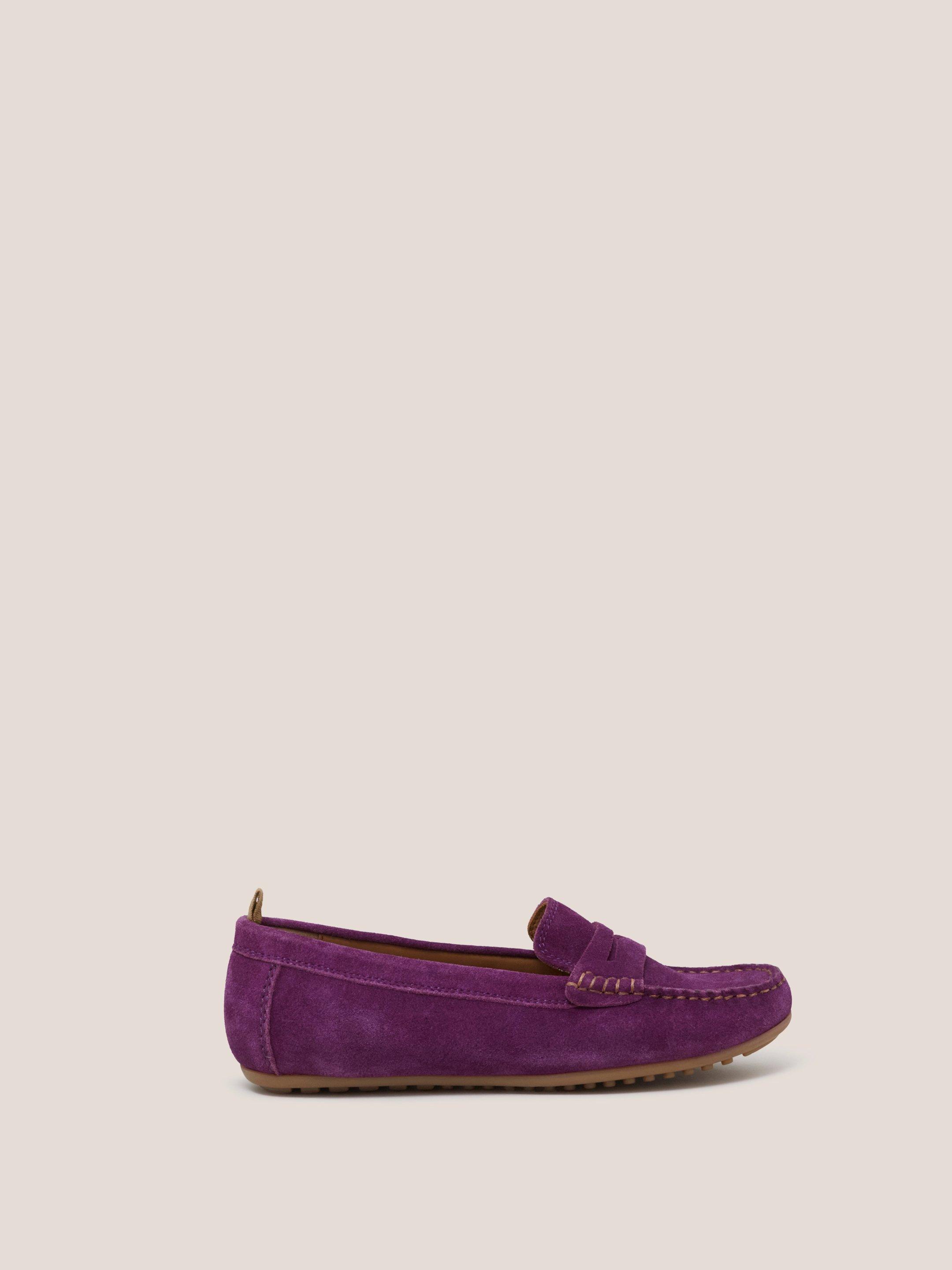 Suede Driving Moccasin in MID PURPLE - MODEL FRONT