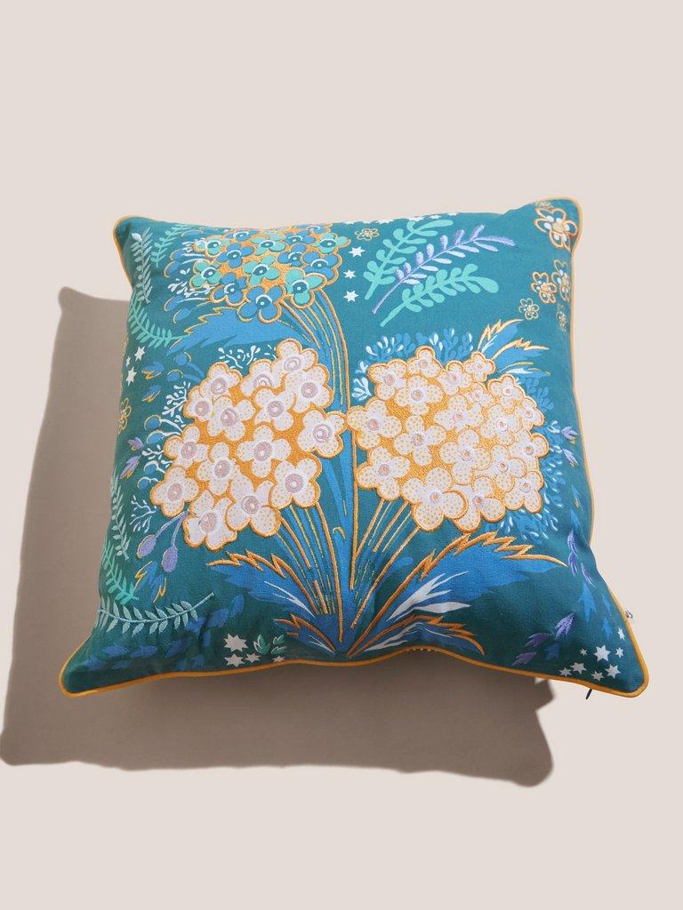 Pacific Embroidered Cushion in BLUE MLT - MODEL FRONT
