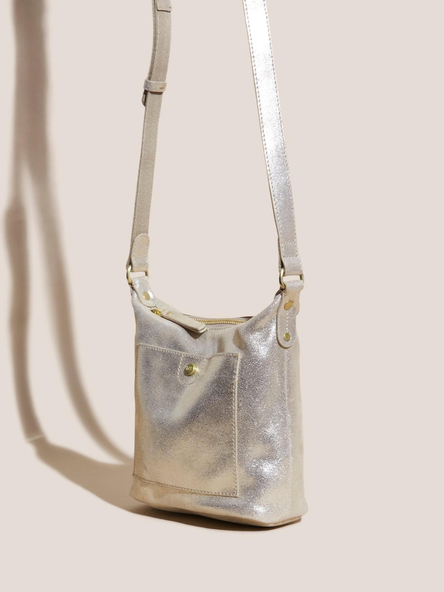 Mini Fern Leather Crossbody in GLD TN MET - MODEL FRONT