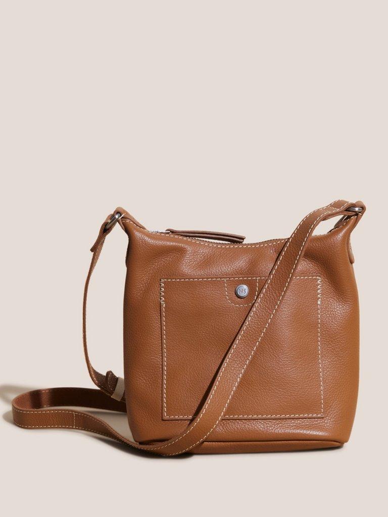 Mini Fern Leather Crossbody Bag in MID TAN - MODEL FRONT