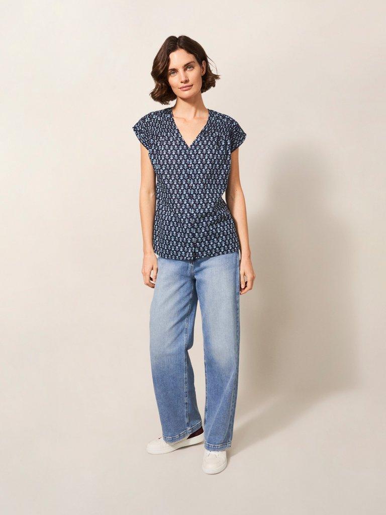 Rae Organic Vest Cotton in NAVY MULTI - MODEL FRONT