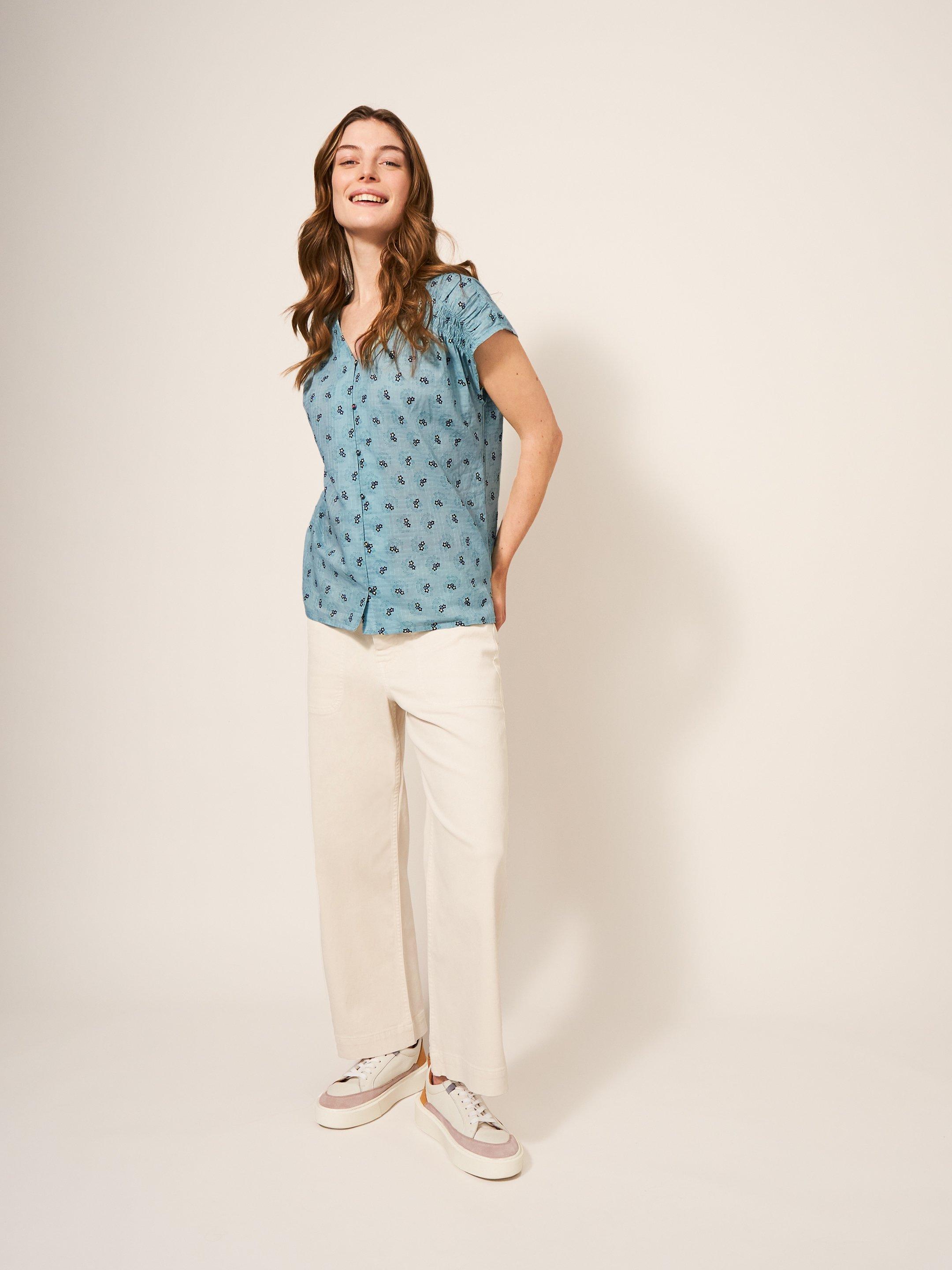 Rae Organic Cotton Vest in TEAL MLT - MODEL FRONT