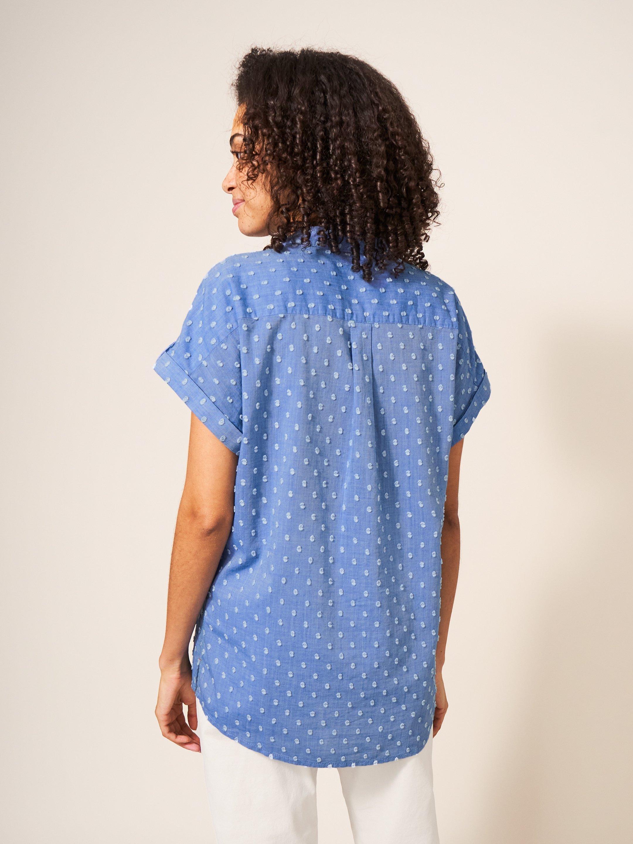 Ella Organic Cotton Shirt in BLUE MLT - MODEL BACK
