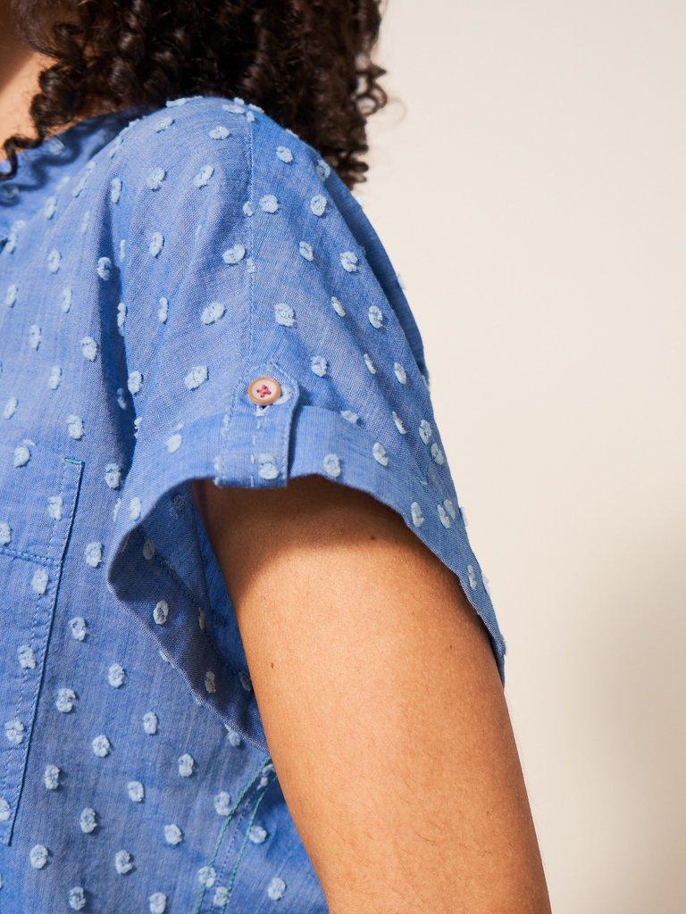 Ella Organic Cotton Shirt in BLUE MLT - MODEL DETAIL